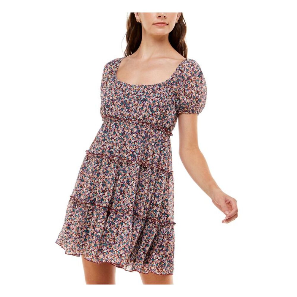 TRIXXI Womens Empire Waist Mini Dress Maroon Fitted Party Puff Sleeve Juniors L - Picture 1 of 4